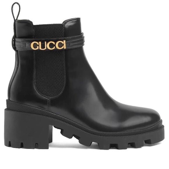 Gucci Trip Leather Logo Strap High Heel Chelsea Ankle Boots Black Gold 40 - Picture 1 of 12